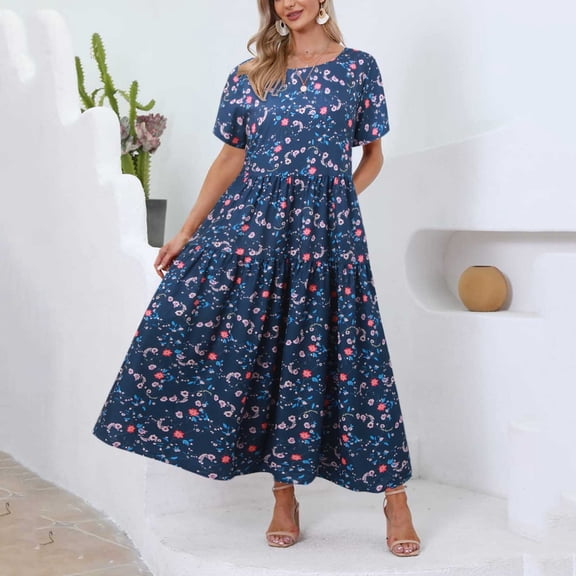 Yindaity Women Casual Loose Bohemian Floral Dress with Pockets Short Sleeve Long Summer Beach Swing Dress Dark Blue,XL