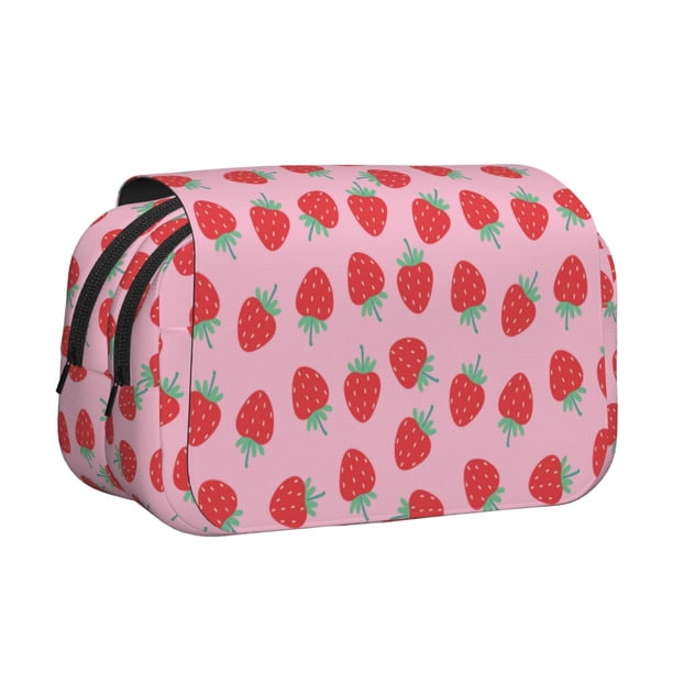 Disketp Hand Drawn Strawberry Estuche de Lápices de Doble Capa con Tapa Abatible y Cremallera, Organizador Escolar para Adolescentes y Adultos