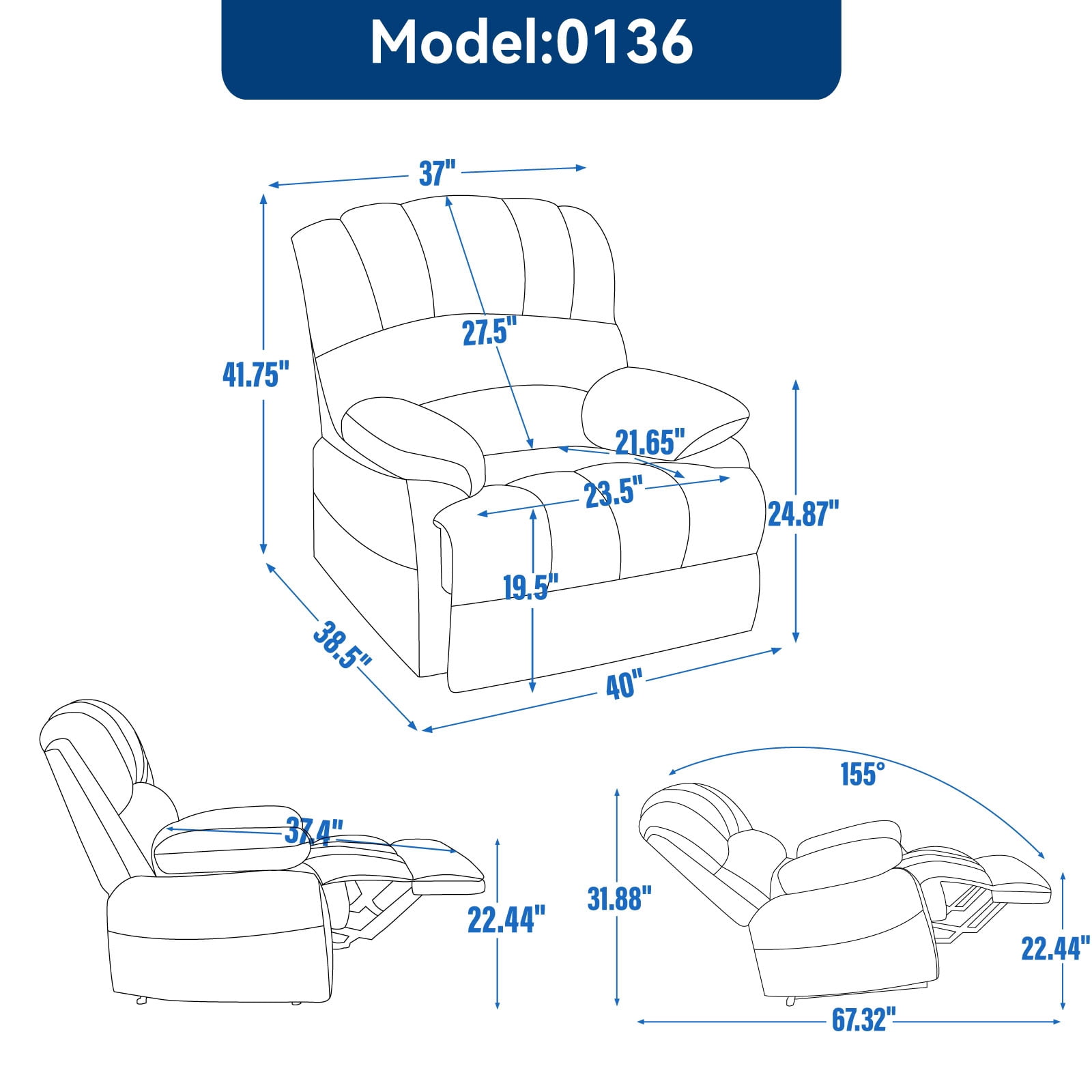MAYEERTY Oversized Manual Recliner Chair, Extra Wide Lounge Chair with 155° Recline, for Living Room Bedroom Home Theater