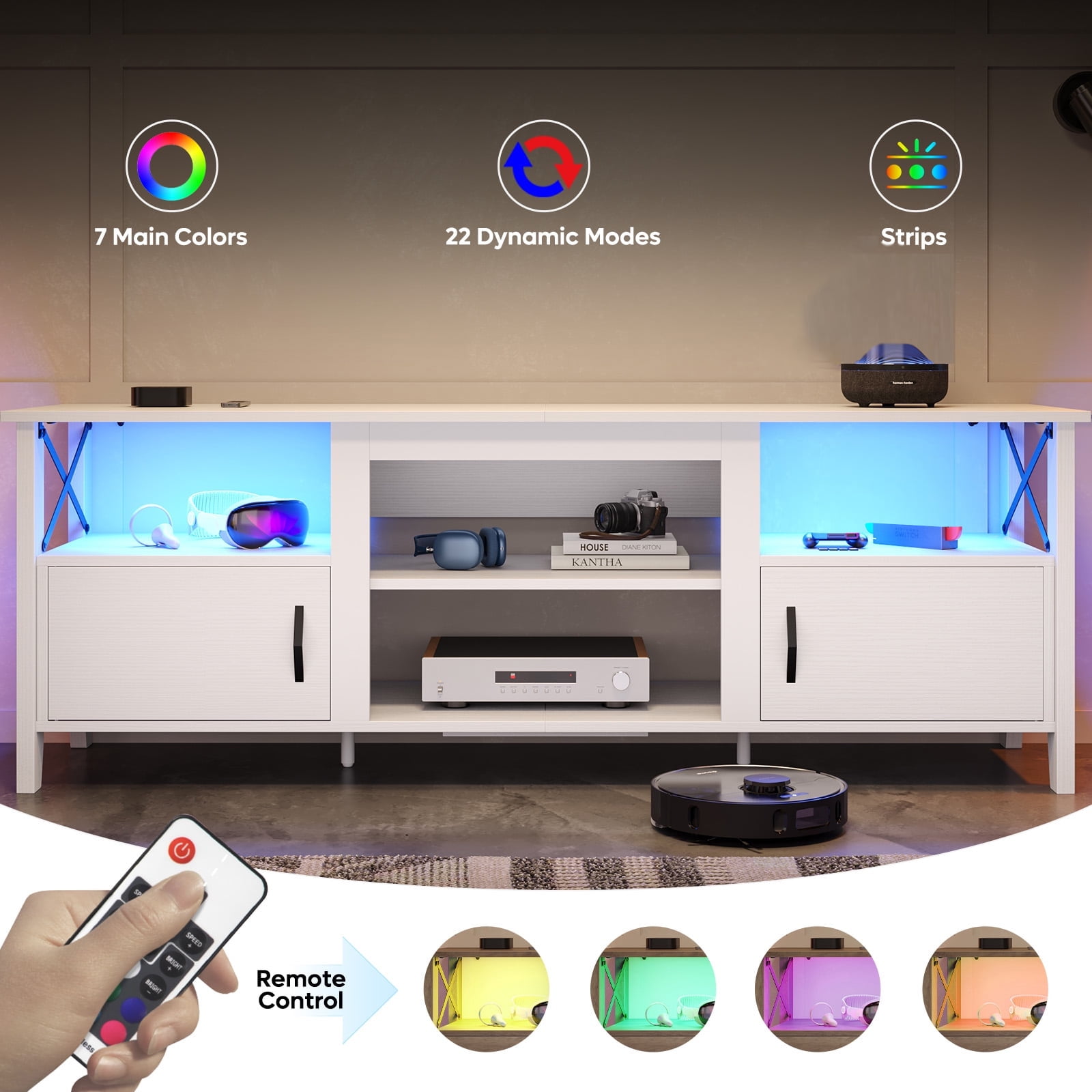 Bestier LED TV Stand for 65 inch TV Entertainment Center for TVs with Storage Cabinet in White