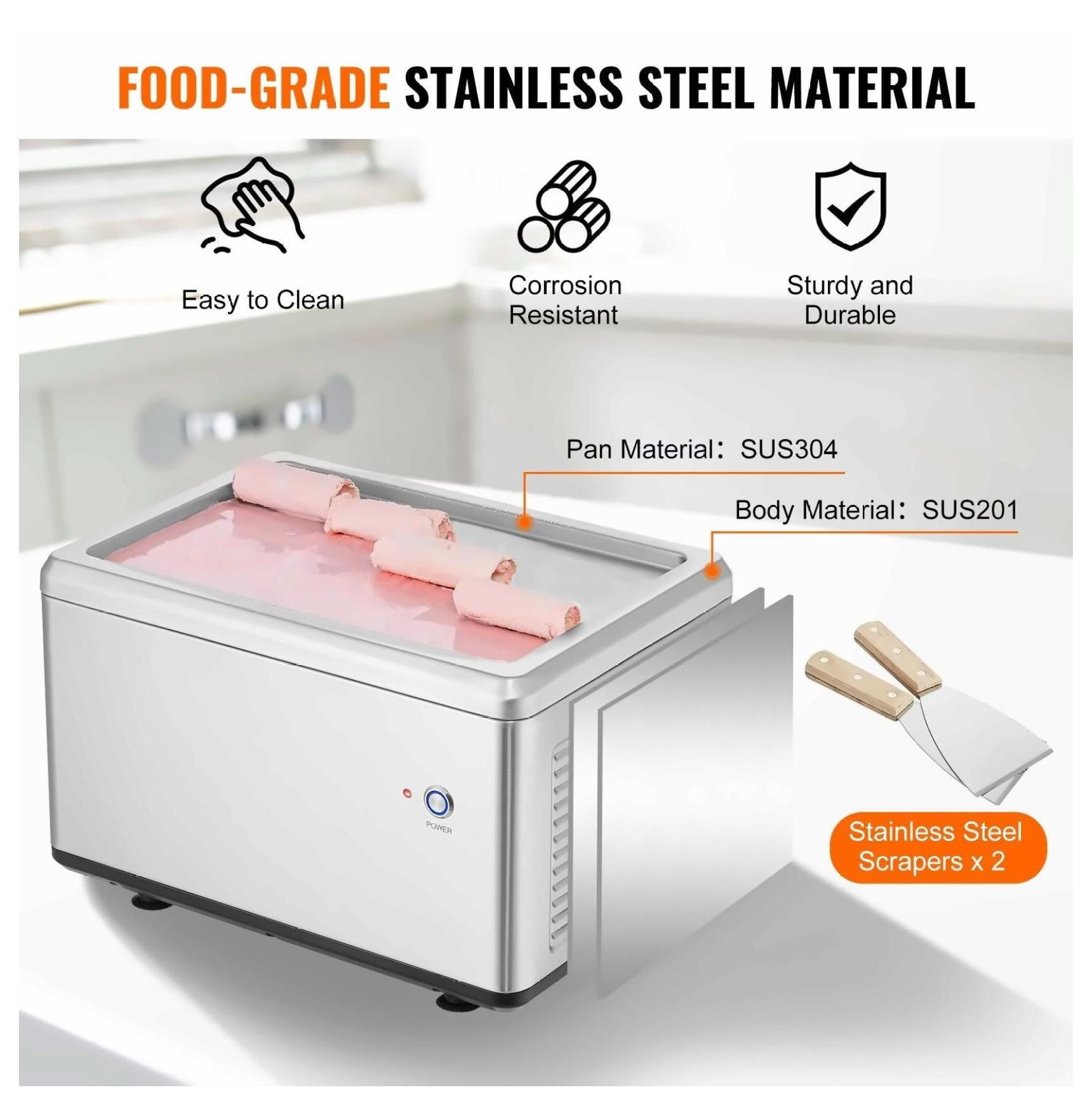 Fried Ice Cream Roll Machine, 12.6" Stainless Steel Pan Maker with Compressor & 2 Scrapers, Frozen Yogurt Ice Cream Roller for Home & Commercial Use