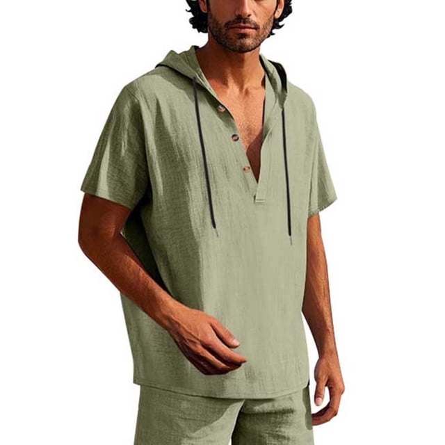 pstuiky Mangas cortas para hombre, Blusa de lino con capucha y manga corta para hombre, color liso, con botones y cordón ajustable ropa de hombre m