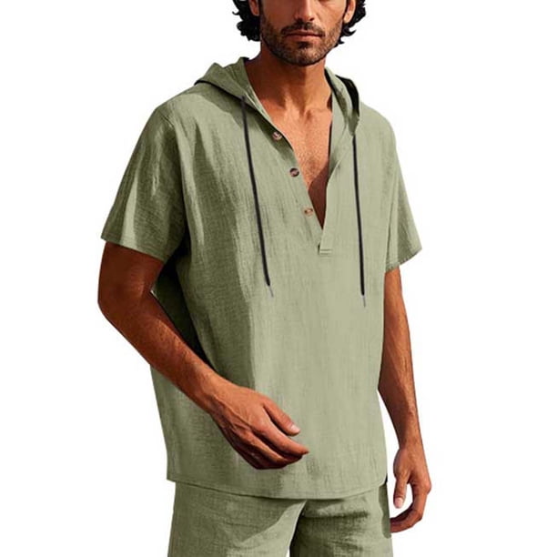 pstuiky Camisas de vestir de manga corta para hombre, Blusa de lino con capucha y manga corta para hombre, color liso, con botones y cordón ajustable camisas casuales para hombre s
