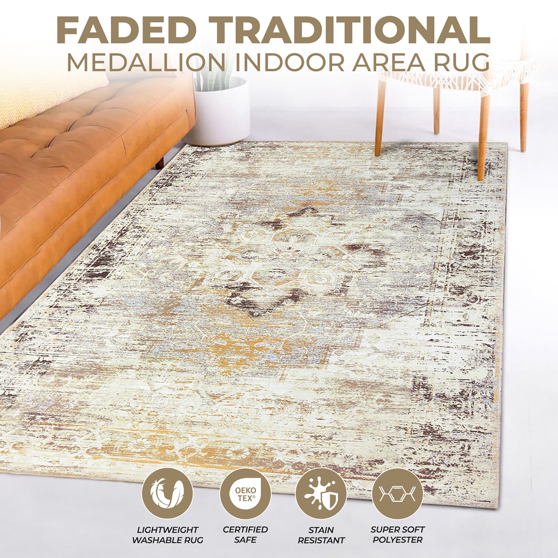 Superior Dove Rustic Washable Indoor Area Rug, 5' x 7', Cream