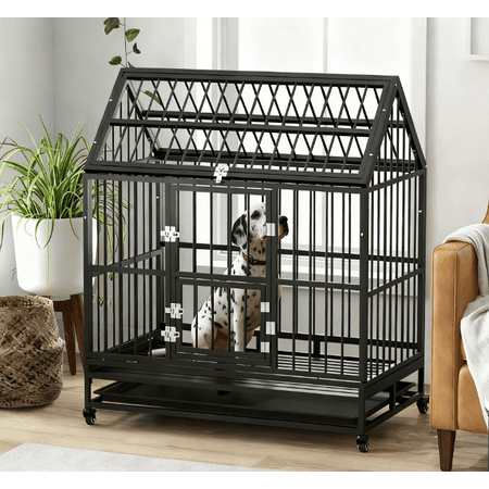 Heavy Duty Dog Crate with 4 Lockable Wheels Double Doors and Removable Tray Black