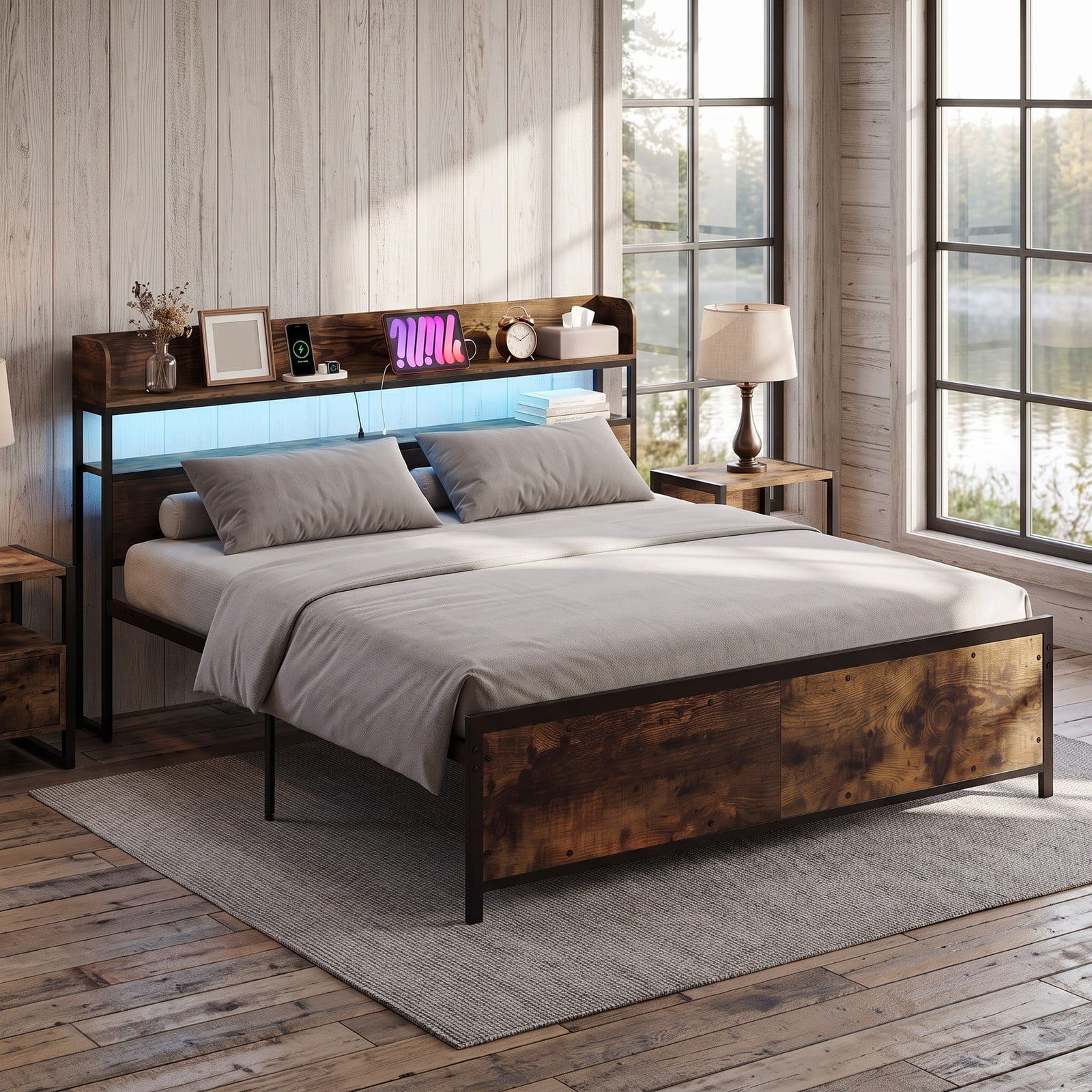 Furnibear King Size Bed Frame with Storage Headboard, LED Platform Bed Frame with Power Outlets and USB Ports, No Box Spring Needed, Rustic Brown