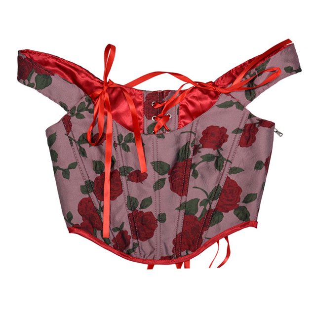 Soki Corset Vintage Overbust pour Femmes, Bustier à Lacets dans le Dos, Imprimé Floral, Hauts Gainants à Arêtes de Poisson, Rouge, P