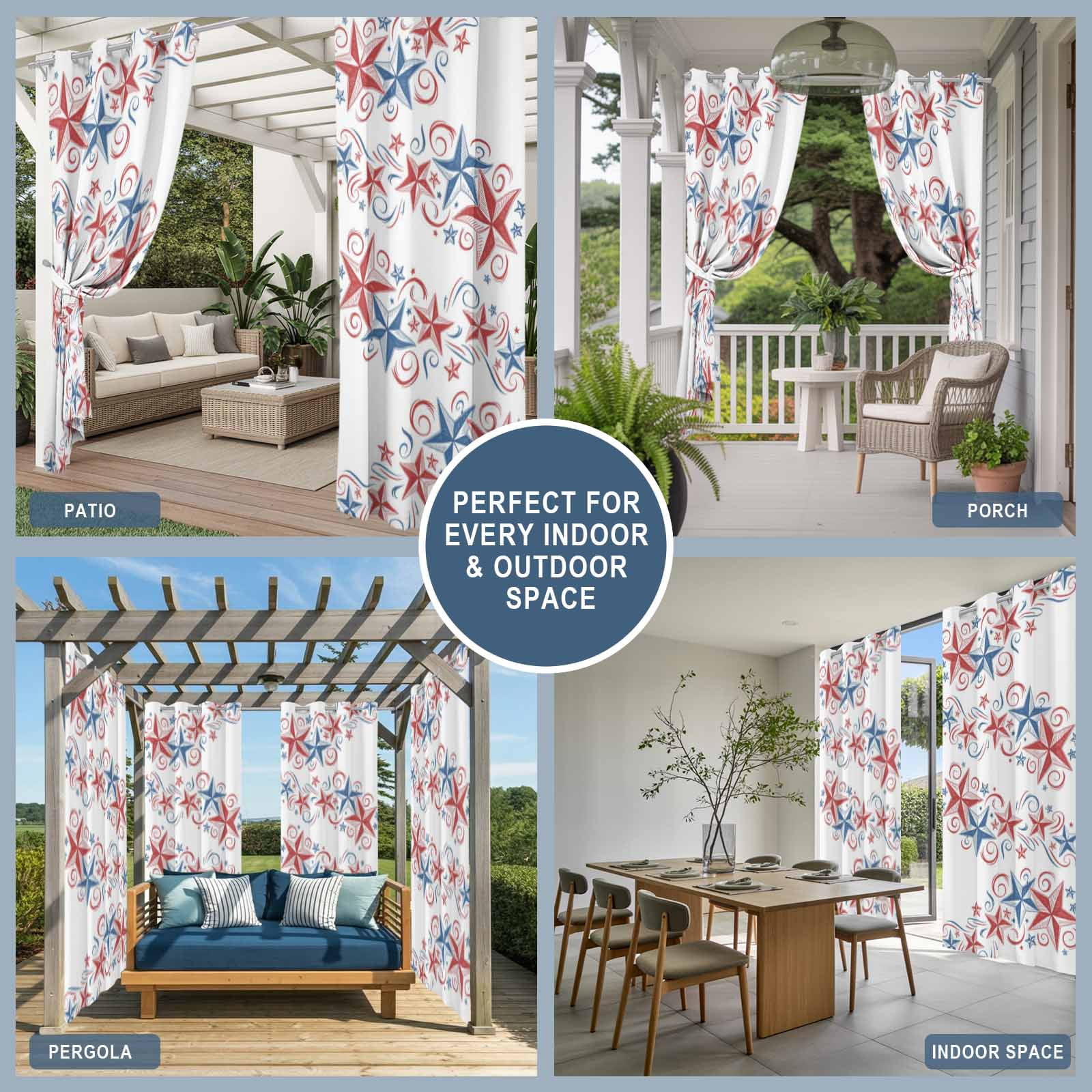 Independence Day Star Outdoor Curtains for Patio, 4th of July American Flag Red Blue Star Sunshade Privacy Drapes Grommet Waterproof Outside Curtains for Porch/Cabana/Balcony 54"x 84", 1 Panel