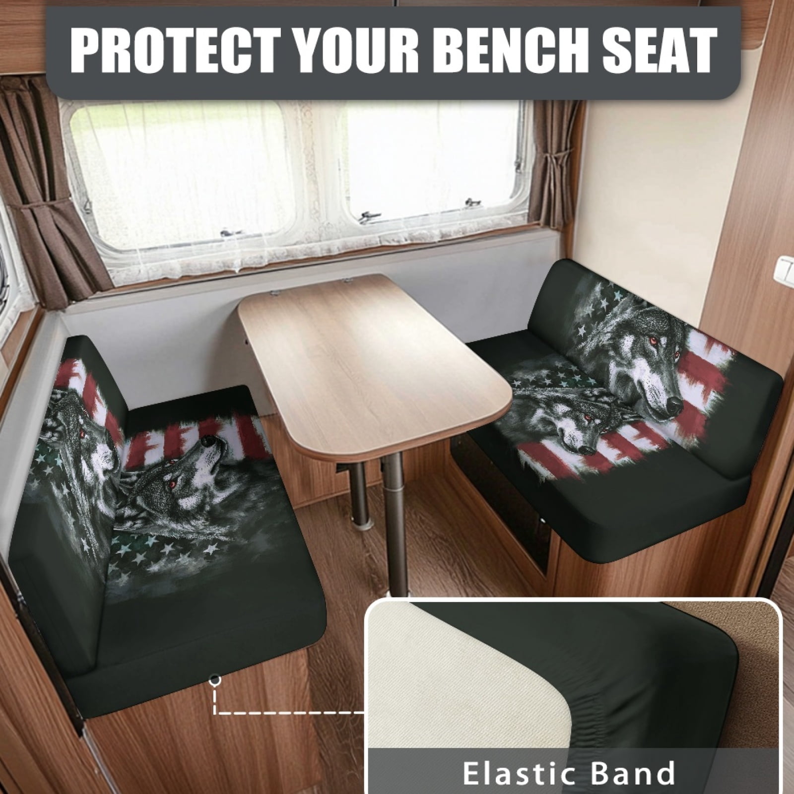 Kuiaobaty Vintage Wolf American Flag Pattern RV Dinette Cushions Covers Couch Cushion Slipcovers with Elastic Band RV Sofa Seat Slipcovers Universal Fit Travel Trailer Couch