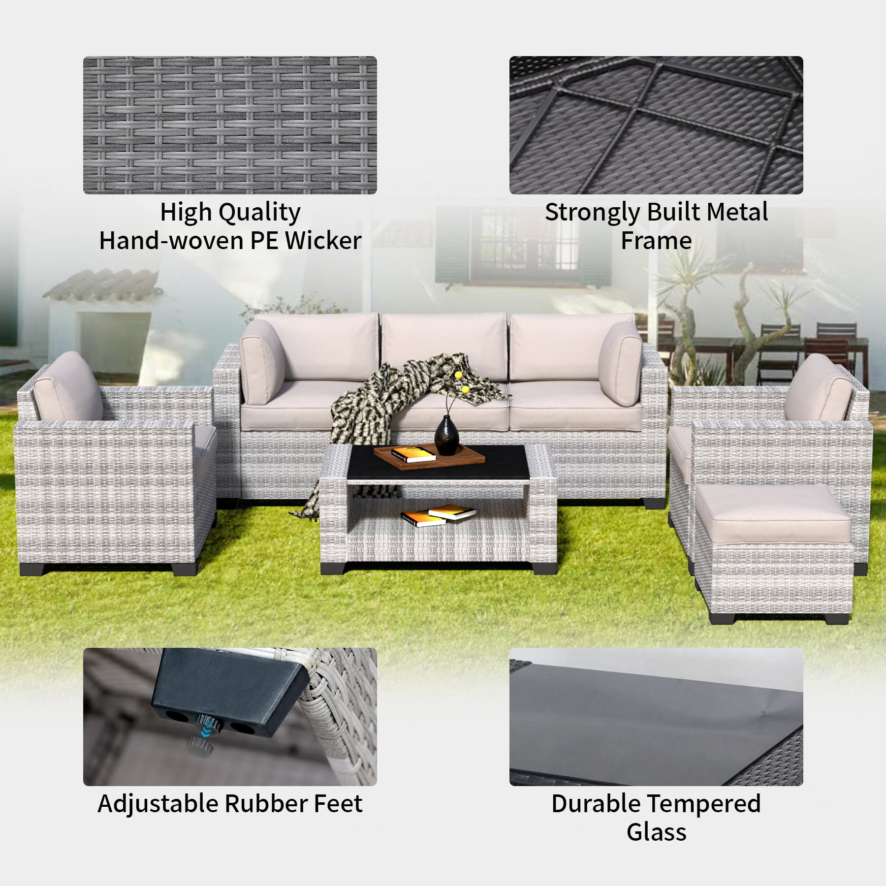 7-Piece Outdoor Patio Furniture Set, PE Rattan Sectional Sofa with Waterproof Cushions & Coffee Table, Modern Patio Conversation Set for Porch, Balcony, Backyard
