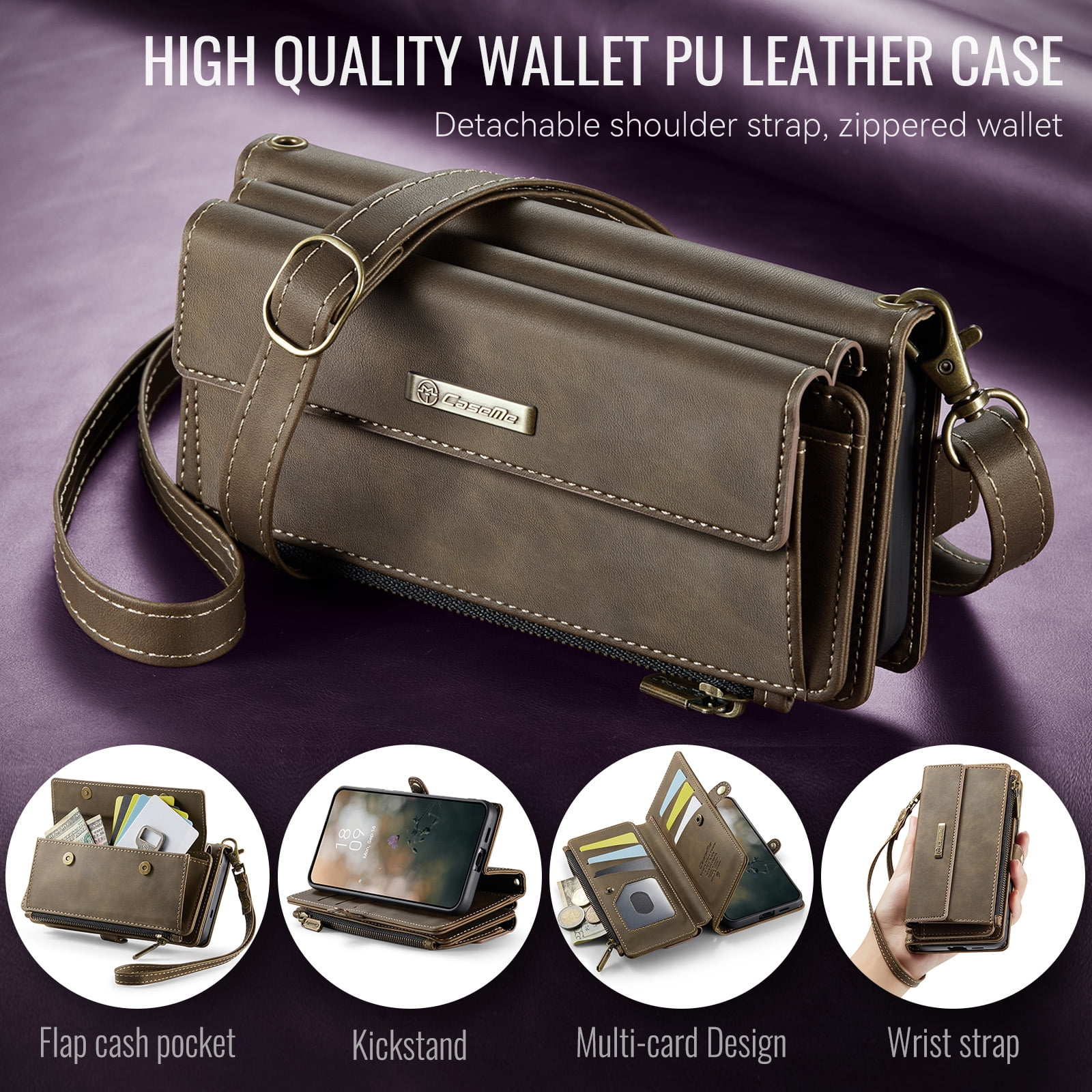 Decase Wallet Case for iPhone 14 Plus,Magnetic Flip Zipper Pocket PU Leather Phone Cover,Crossbody Flip Cover with RFID Card Slots,Coffee
