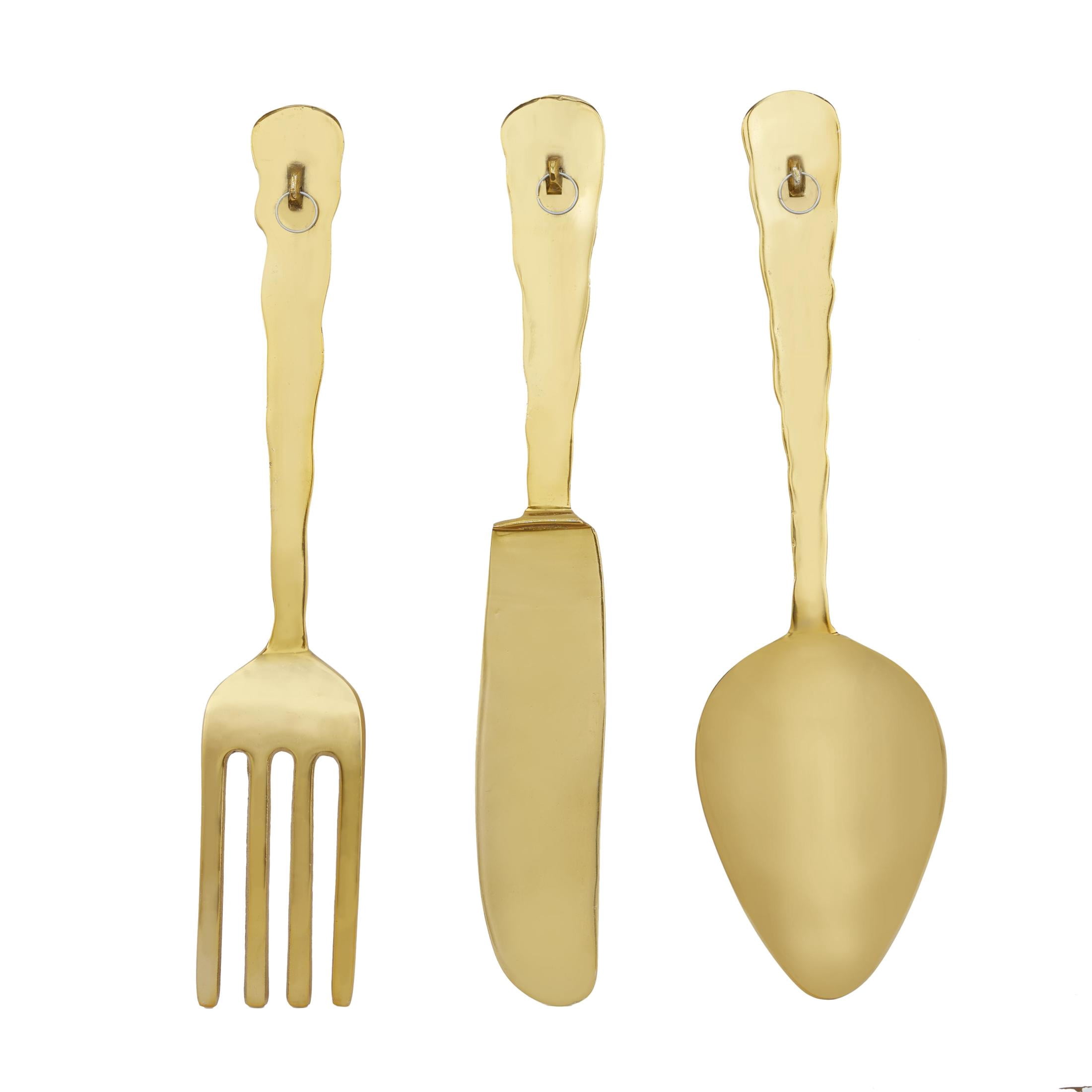 DecMode Gold Aluminum Metal Knife, Spoon and Fork Utensils Wall Decor (3 Count)