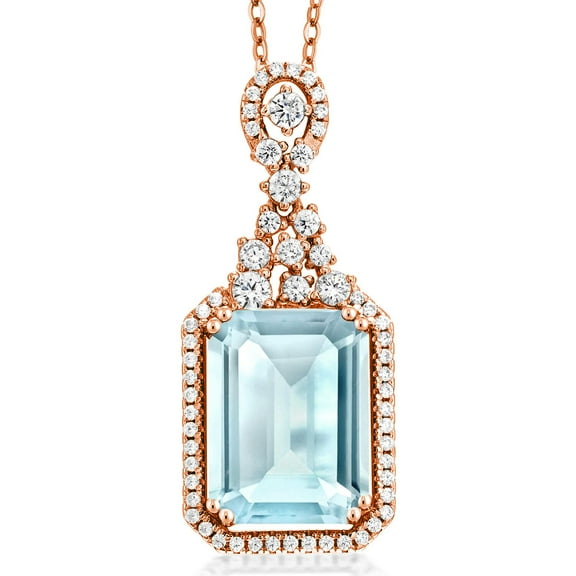 Gem Stone King 9.95 Ct Emerald Cut Sky Blue Topaz 18K Rose Gold Plated Silver Pendant