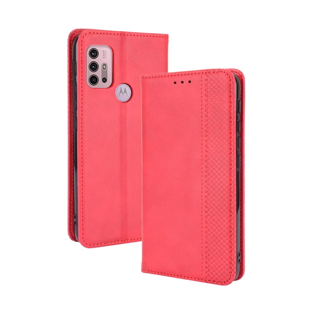 Compatible with Motorola Moto G10/ G10 Power Case Magnetic Closure Vintage Pattern PU Leather Wallet Cover with Card Slots-Red
