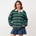 thumbnail image 5 of Vxararl Women Long Sleeve Striped Polo Shirt Long Sleeve Striped Shirt Oversized Long Sleeve Lapel V Neck Casual Loose Streetwear Rugby Sweatshirt Retro Green M, 5 of 5