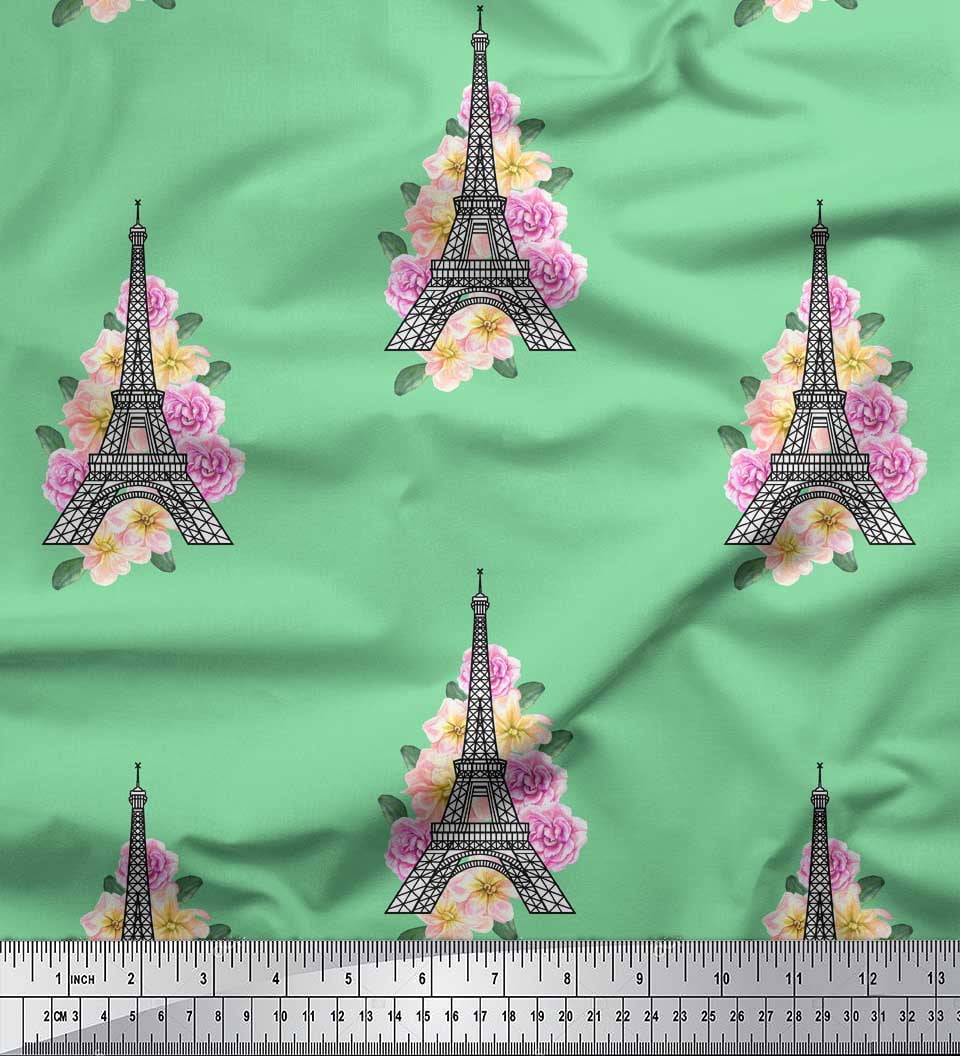 Soimoi Green Cotton Voile Fabric Leaves,Floral & Eiffel Tower