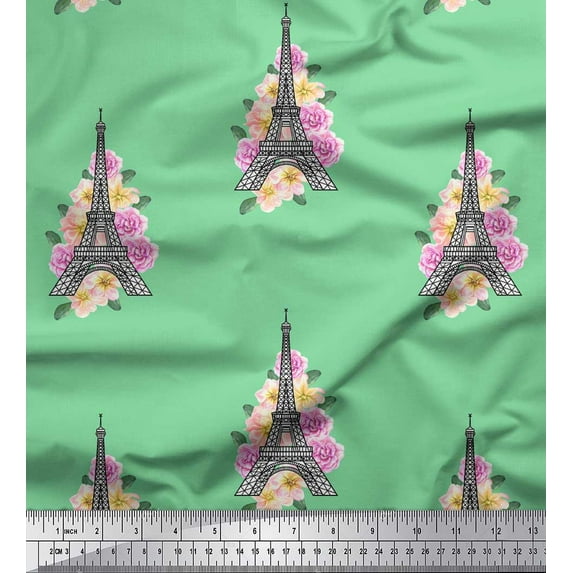 Soimoi Green Japan Crepe Satin Fabric Leaves,Floral & Eiffel Tower Architectural Print Fabric by The Yard 42 Inch Wide