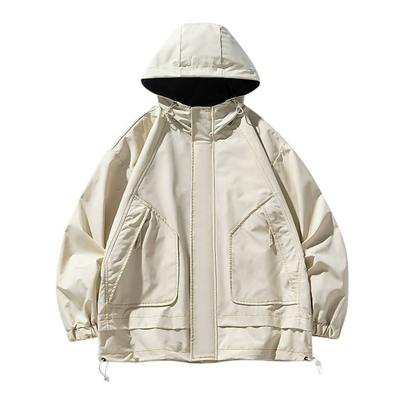 Virmaxy Men's Full Zip Hoodie Solid Colour Long Sleeve Raincoat Upper Coat Outdoor Mountaineering Skiing Hiking Sportswear Face Jacket Beige XL