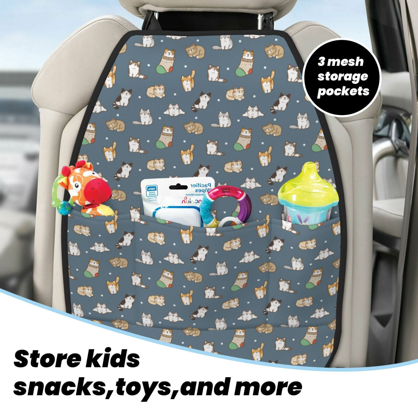 Kdxio Cute Cats And Dogs Print 2 Pack Car Kick Mat Seat Cover Back Protector Mat with Pockets for Organizer Backseat Protector and Storage Anti Kick Pad for Vehicles