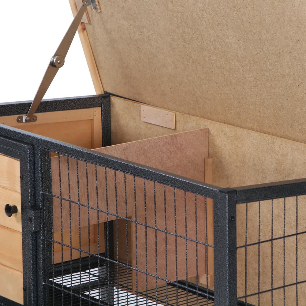 Spaco Rabbit Hutch Elevated Bunny Cage, Small Animal Habitat with Metal Frame, Bunny Cage with Mtetal Wire Pan and Openable Water-Resistant Asphalt Roof for Indoor/Outdoor, Beige