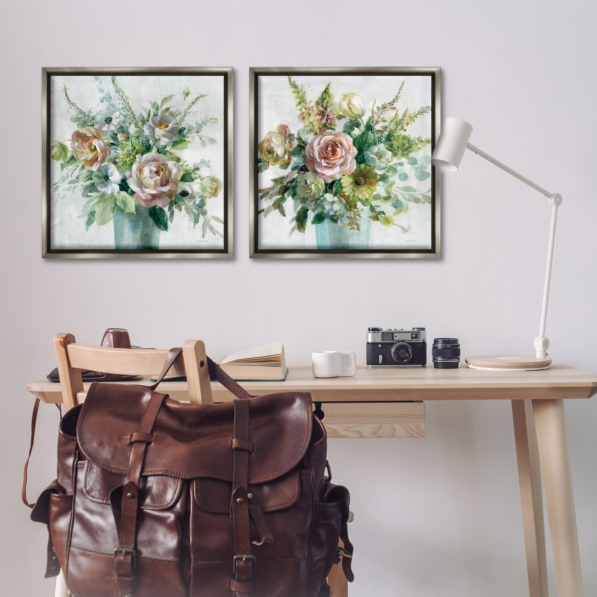 Stupell Industries Sage Peach Still Life Florals Plants & Flowers Painting Gray Floater Framed Canvas Art Print Wall Art, 25 x 25, Set of 2