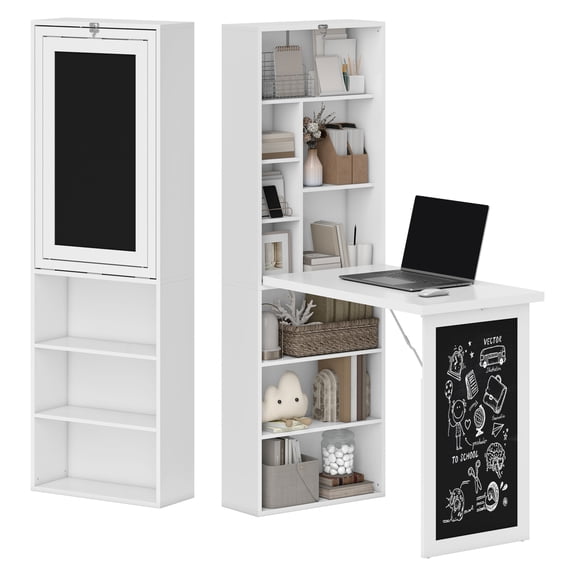 Fold Out Desk, Wall Mount Computer Desk with Blackboard & Shelves - White