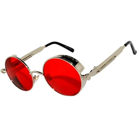 Steampunk Retro Gothic Vintage Silver Metal Round Circle Frame Sunglasses Red Lens