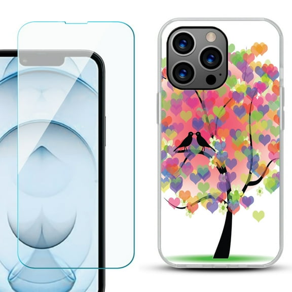 Slim-Fit Gel TPU Phone Case for iPhone 13 Pro Max, with Tempered Glass Screen Protector, by OneToughShield ® - Color Hearts Tree