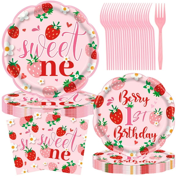 Jestar Strawberry Theme Birthday Party Decorations Set, Disposable Tableware for 24 Guests (96 Pieces)