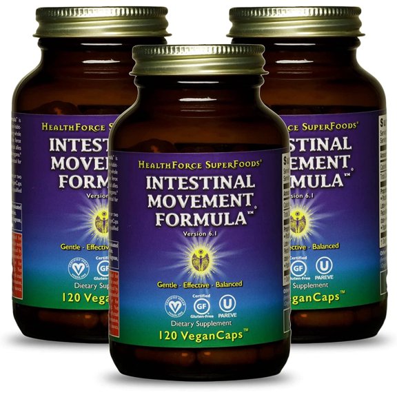 HealthForce SuperFoods Intestinal Movement Formula - Natural Laxative Supports Bowel Regularity - All-Natural Digestion Supplement to Support Constipation - Gluten-Free & Vegan - 120 Caps (Pack of 3)
