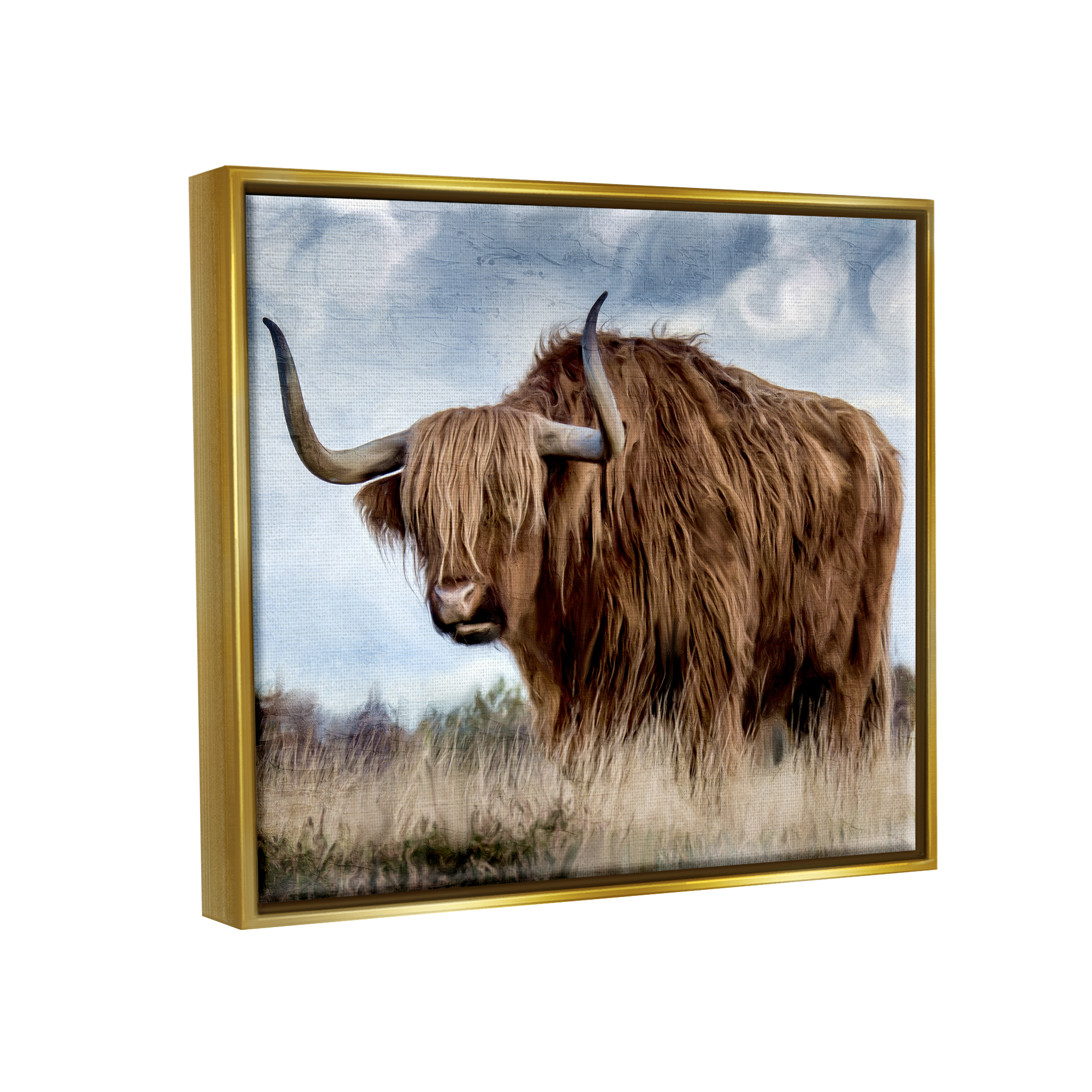 Stupell Industries Highland Cattle in Field Animals & Insects Painting Gold Floater Framed Canvas Art Print Wall Art, 21 x 17