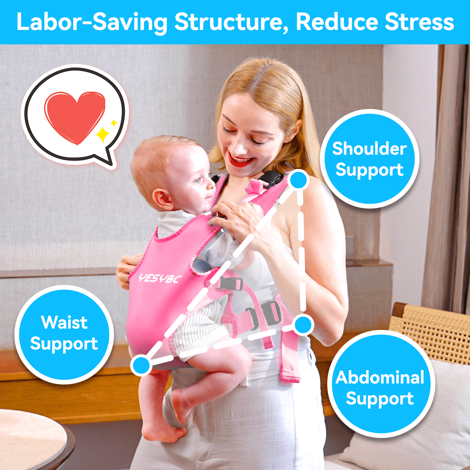 Baby Carrier, Dual-Use Adjustable Baby Sling Support Infant Chest Holder with Drawstring Backpack for Newborn to Toddler 13-33 lbs Swimming Pool Beach Land (Pink)