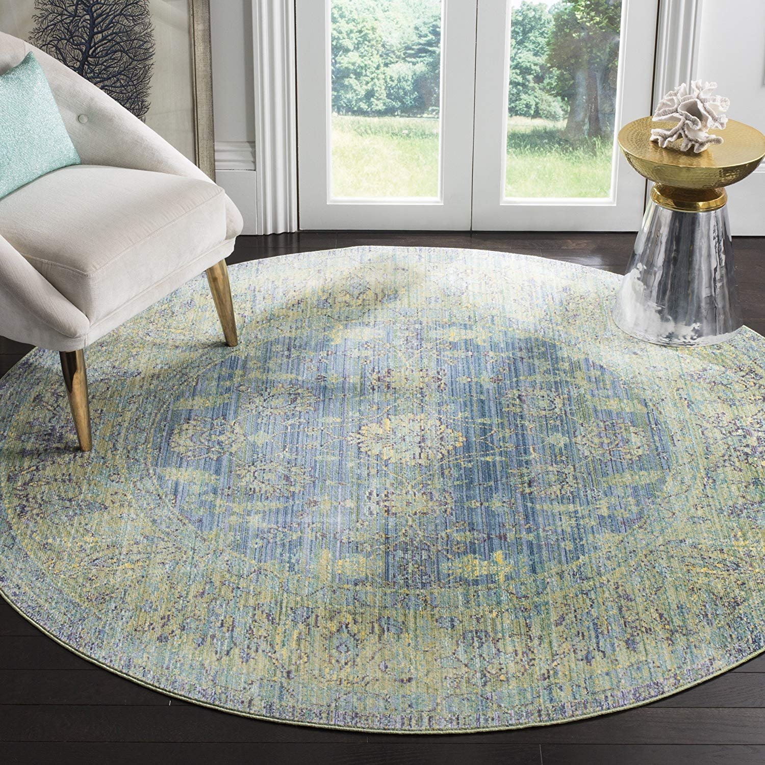 Safavieh Valencia Collection VAL123M Blue and Multi Vintage Distressed Silky Polyester Round