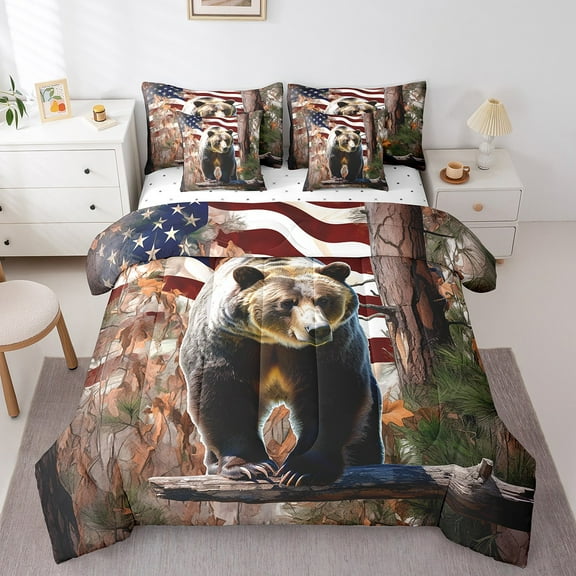 Erosebridal Wild Black Bear Bed in a Bag Twin Size, Jungle Tree Branches Bed Set, American Flag Bed Sheets Setp with Comforter, Lightweight Bedroom Decoration, Reversible 7 Pieces