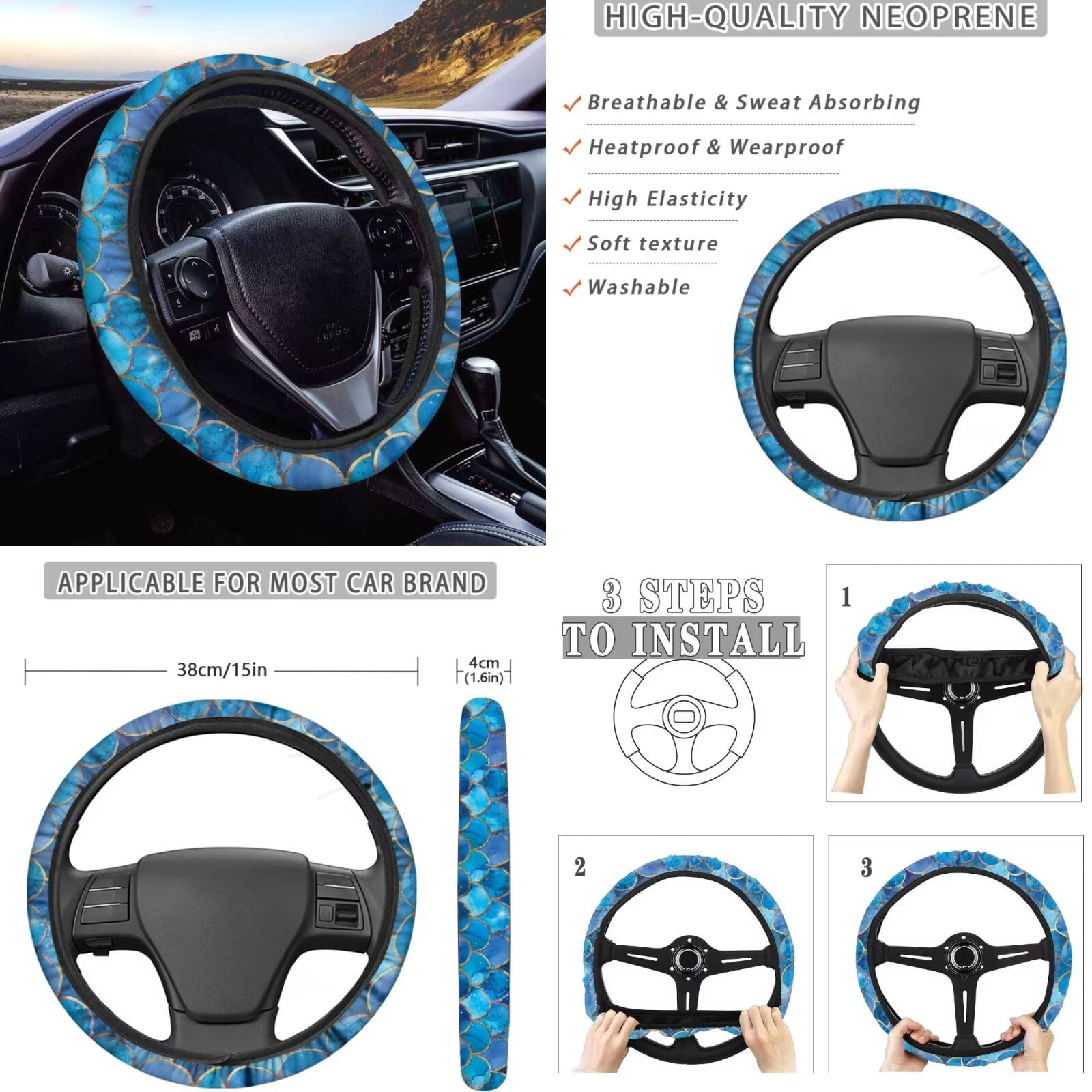 Garronmavis Blue Fish scale Car Assecories, Include Steering Wheel Cover Gear Shift Cover Handbrake Cover Headrest Cover Cup Coasters for Women Men Car Interior Decor for Sedan SUV Truck