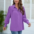 thumbnail image 3 of Defitshape Women's Long Sleeve Top Button Down Shirt Fashion Casual Fall Long Puff Sleeve Chiffon Soft Bishop Sleeve Blouse Purple Large, 3 of 4