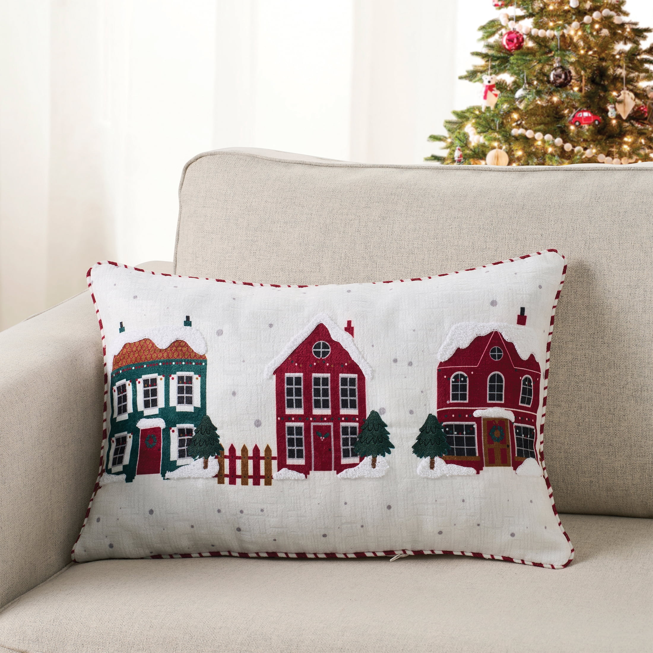 Holiday Time 14 in x 22 in Ivory Winter Village Embroidered Decorative Pillow