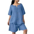 thumbnail image 6 of QATAINLAV Cotton Linen 2 Piece Outfits for Women Plus Size Loose Summer Lounge Set Casual Button Short Sleeve Tops and Bermuda Shorts Vacation Clothes Blue L, 6 of 10