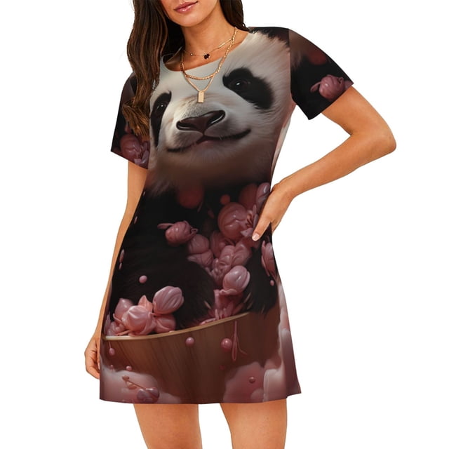 Vsdgher Mignonne Nuisette à Motif de Panda Nuage pour Femmes à Manches Courtes Col Rond Mignonne Robe de Nuit à Volants Confortable