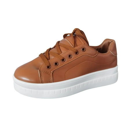 QYZEU Flat Black Shoes for Women Casual Shoes Women Winter Ladies Fashion Solid Color Leather Round Toe Lace Up Platform Casual Shoes Womens Soft Sole Sandals Khaki 36