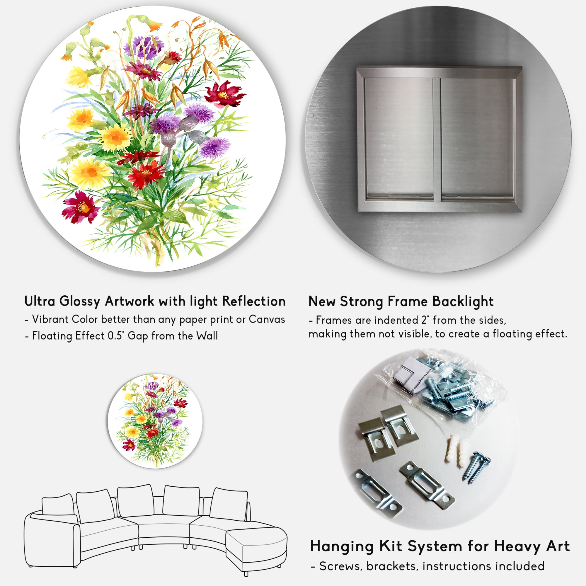 Designart 'Colorful Bouquet Of Wildflowers In Nature' Farmhouse Circle Metal Wall Art 29x29 - Disc of 29