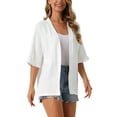 thumbnail image 3 of INSPIRE CHIC Women's Summer Collarless Linen Half Sleeve Open Front Loose Casual Cardigan S White, 3 of 4