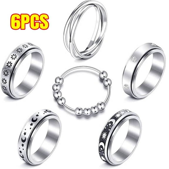 6 PCS Fidget Rings for Anxiety Stainless Steel Spinner Ring Anti Anxiety Ring Spinning Moon Star Cool Stress Relieveing Rings