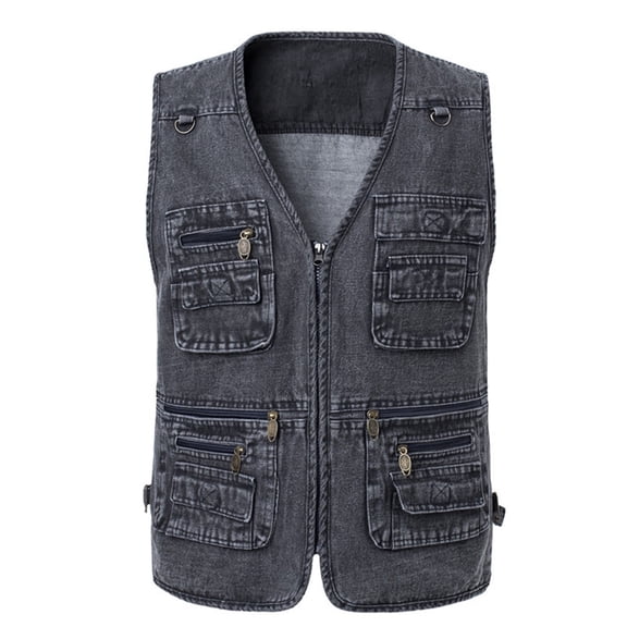 RYRJJ Men's Denim Vest with Multiple Pockets Sleeveless V-Neck Outdoor Travel Photography Sports Jean Cargo Vest Jacket Coat(Gray,M)