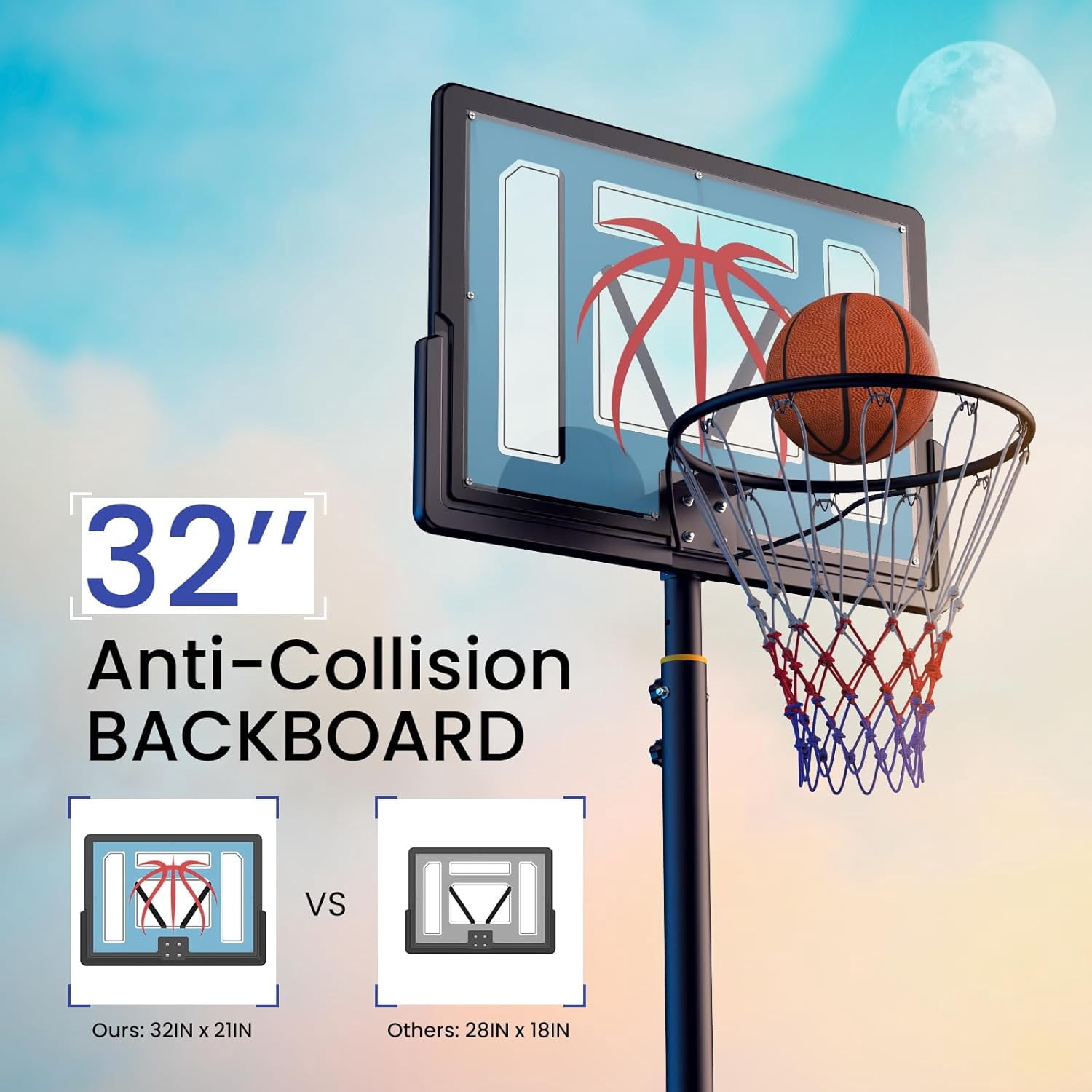 Teetheory Portable Basketball Hoop, 32" Adjustable Height (4.82-8.53FT) Backboard, with Wheels, Basketball & Pump Included, for Kids Teens Adults