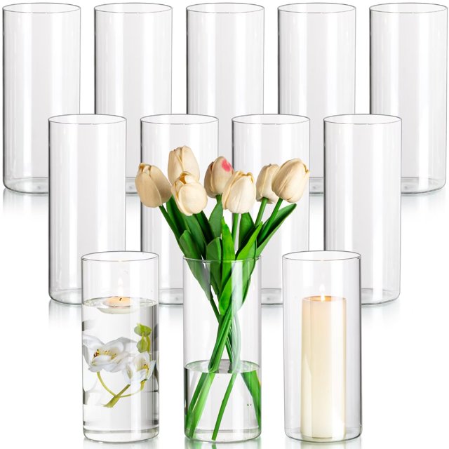 Glasseam 3.3x8 Inch Glass Cylinder Vases Set of 12 Clear Floating Pillar Candle Vase in Bulk for