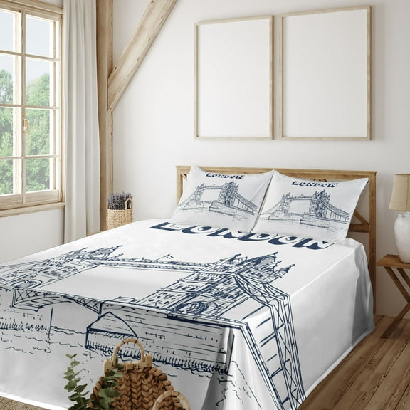 Ambesonne London Fitted & Top Sheet Set with Shams, Europe Big Ben Landmark, Black White