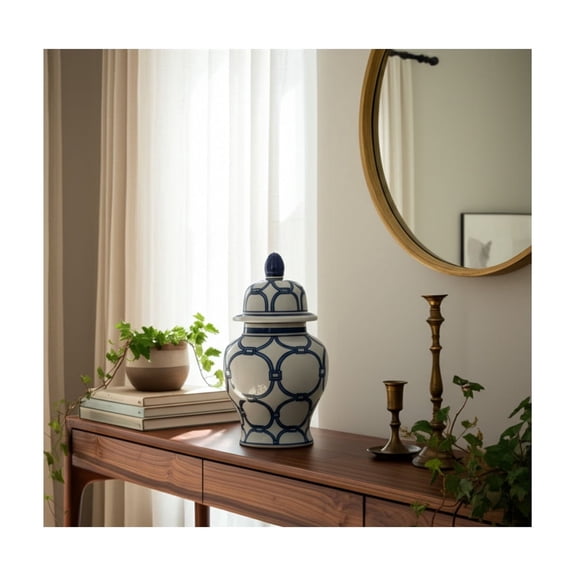 Traditional Decorative Ceramic Ginger Jar with Lid - Hand-Painted Ceramic - Classic Home Accent for Living Room, Office, Bedroom - 10" Blue & White