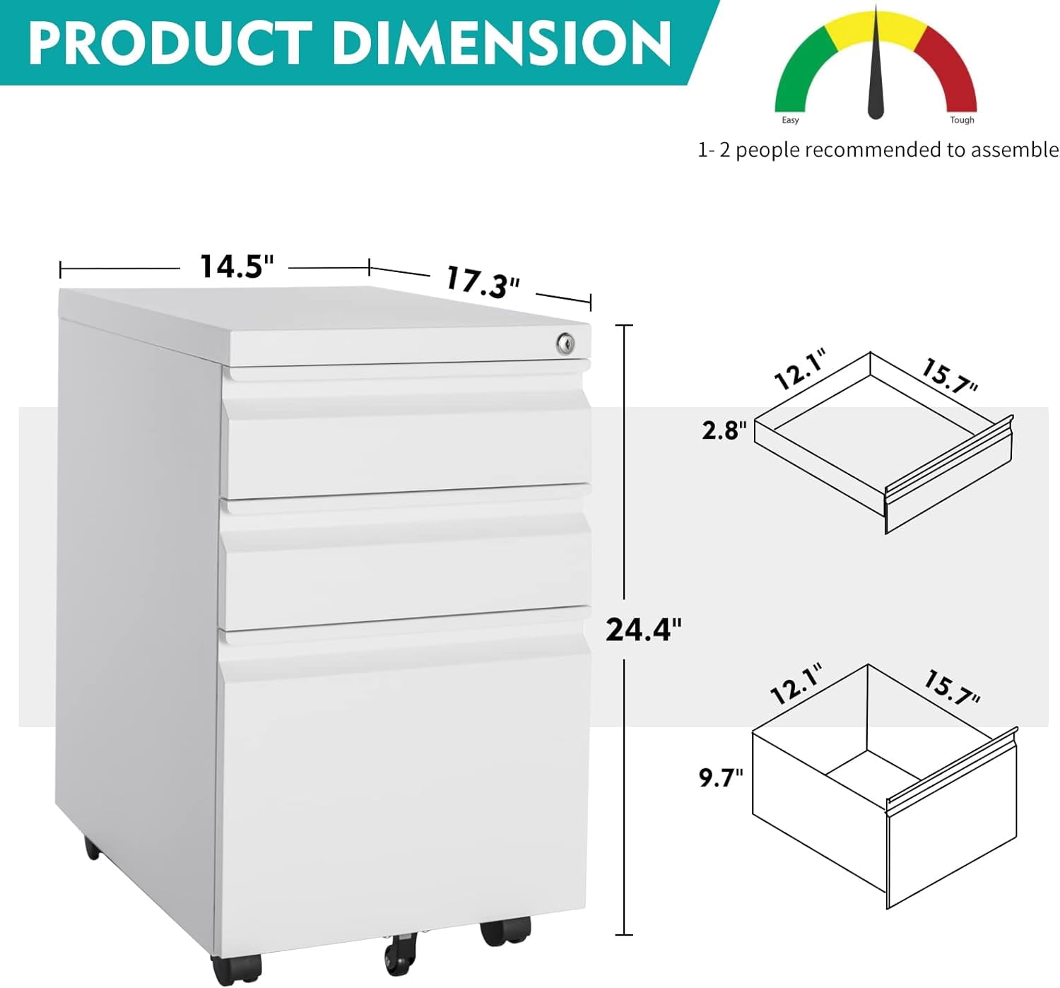 White Filing Cabinet 3 Drawers on Wheels Under Desk, Metal Rolling File Cabinet with Lock for Home Office, Small Mobile File Cabinet for Letter Legal File Folders, Un-Assembled