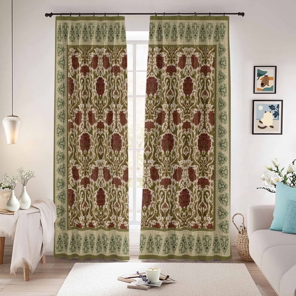 Boho Floral Blackout Curtains for Bedroom/Living Room, Pinch Pleated Black Out Curtains, Modern Geometric Ethnic Abstract Flowers Red Green Room Darkening Window Drapes with Hooks 2 Panels, 59"x70"
